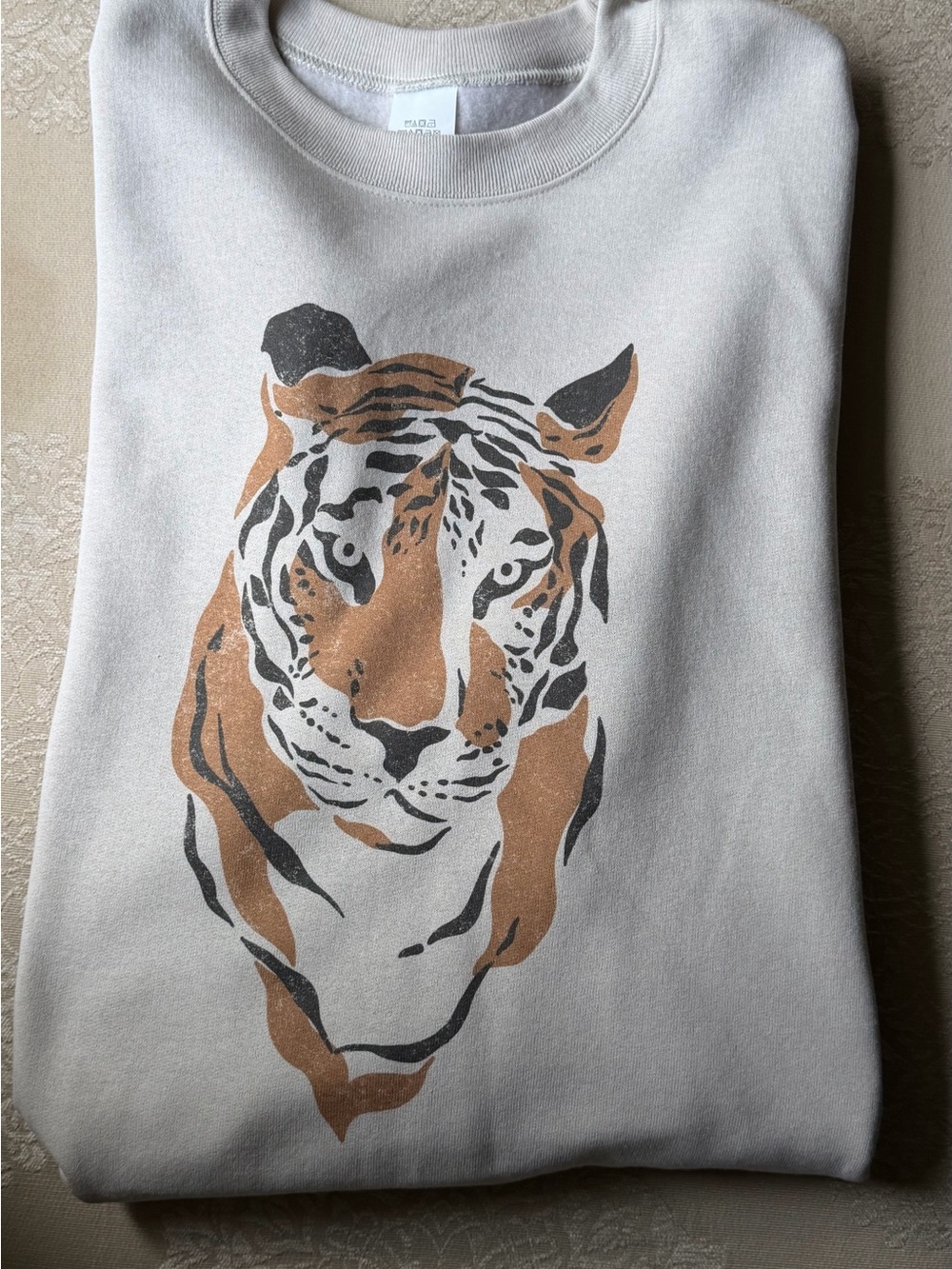 Tiger Graphic Crewneck Sweatshirt - White with Tan & Black Print